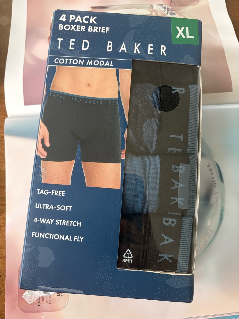 Ted Baker Men's Boxer Brief 4-Pack in Black with Blue Accents new